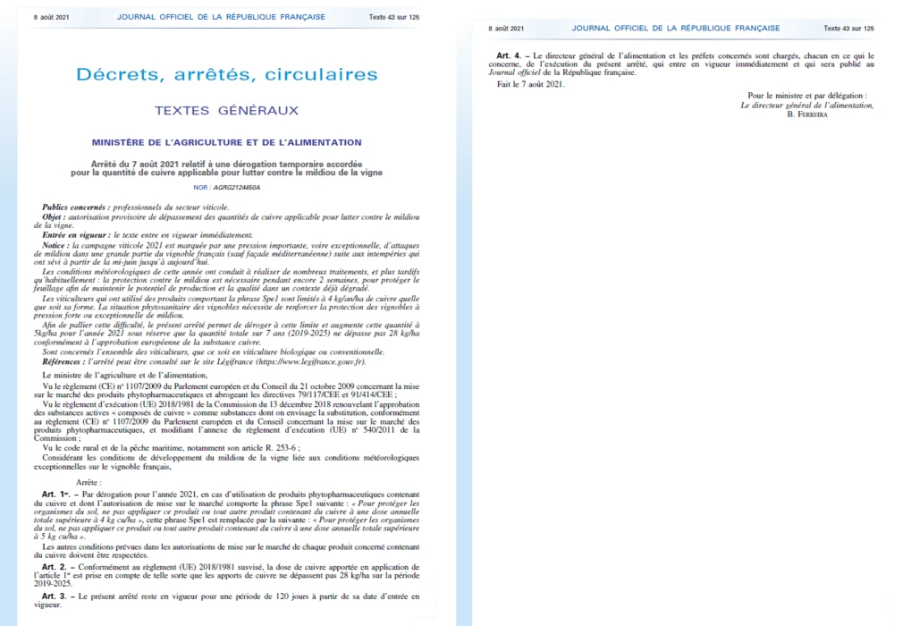 UNE AUTORISATION PROVISOIRE PERMETTANT DE DEPASSER LES QUANTITES DE CUIVRE APPLICABLES POUR LUTTER C...